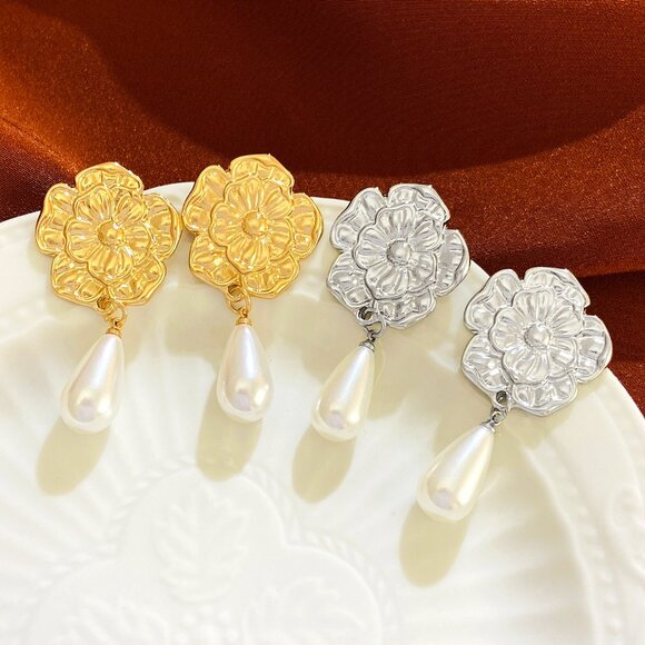 3/$35 Classic Flower Pearl Drop Dangle Earrings Gold Fashion Jewelry Women - Picture 5 of 6